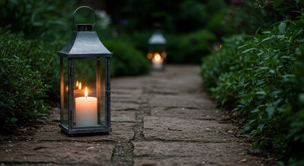 Soft luminescence from candlelit lantern illuminates a serene stone pathway