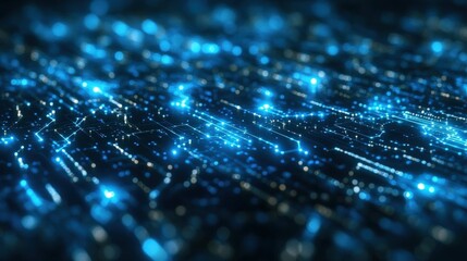 Abstract digital landscape with glowing blue lines and particles creating a futuristic atmosphere