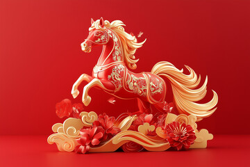 3D horse isolated on a red background for Chinese New Year