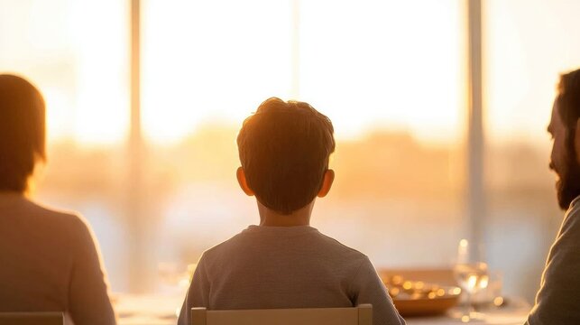 Gathered around table, family observes sunset during festive mea
