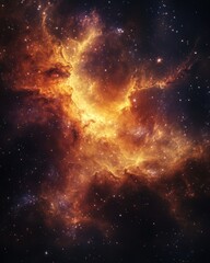 Fototapeta premium Ethereal cosmic nebula with vibrant orange and gold hues against a dark backdrop of distant stars and celestial dust
