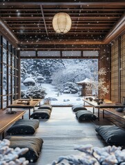 Interior of a Japanese tea room during a snowstorm