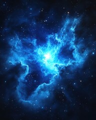 Ethereal cosmic nebula in deep space with vibrant blue hues and shining stars creating a celestial spectacle of light and color