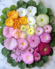 Floral arrangement of colorful ranunculus flowers and green leaves on a marble background top view delicate bloom