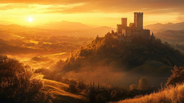 Castle Standing Tall Amidst Rolling Hills Under Glo Vx.