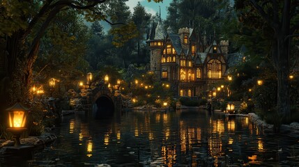Obraz premium Castle Surrounded by Koi Ponds and Lantern-lit Path