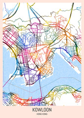 Kowloon Hong Kong City Map, downtown tourism, house art travel, scenic metropolis concept, travel art city, patriotic abstract banner