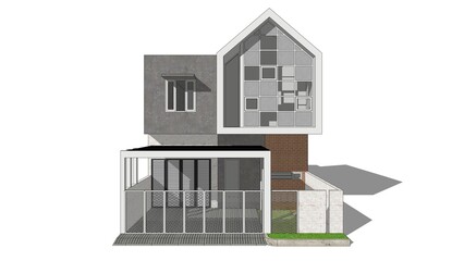 3D model of a modern house exterior. Grey and white tones, geometric shapes, and varied textures. Detailed architectural visualization, residential design concept, and digital building rendering