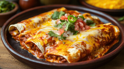 Delicious plate of enchiladas topped with cheese, salsa, and fresh herbs