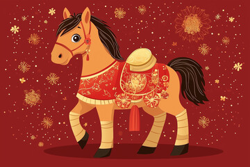 Adorable cartoon horse dressed in a traditional Chinese outfit on a red background with a gold theme