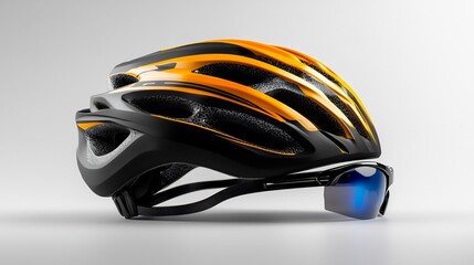 Fototapeta premium Stylish Black and Orange Bicycle Helmet with Blue Sunglasses