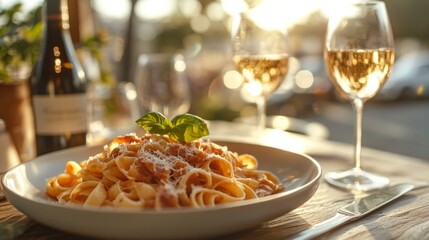 Delicate strands of gourmet pasta sit elegantly on a plate, adorned with fresh herbs and grated cheese. A glass of white wine sparkles in the warm glow of sunset, enhancing the ambiance.