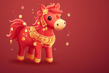 Fototapeta premium Adorable cartoon horse dressed in a traditional Chinese outfit on a red background with a gold theme