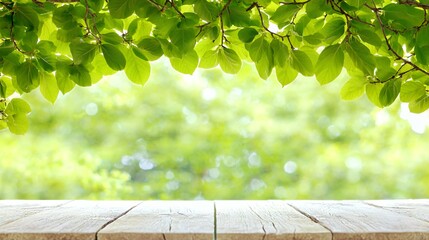 Wooden Tabletop with Lush Green Leaves Background