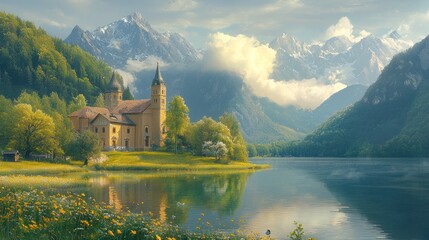 Fototapeta premium Mountain Lake Church Scenic Landscape Tranquility
