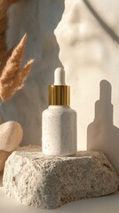 Elegant serum bottle on a natural stone.
