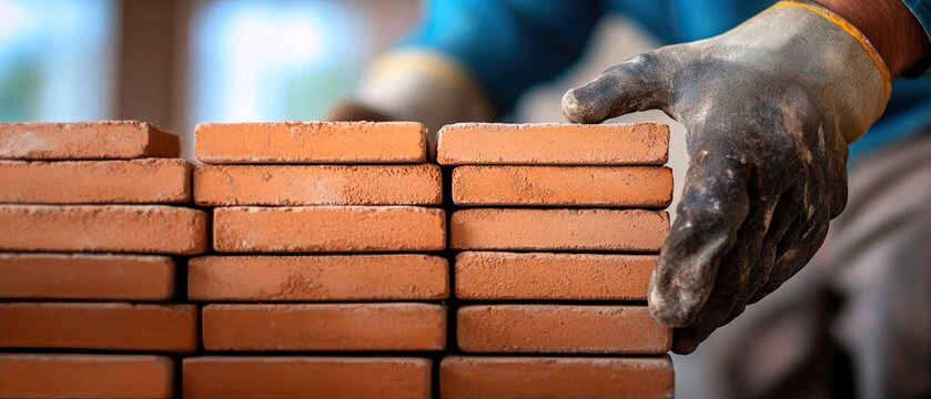 A skilled worker arranges bricks neatly, showcasing craftsmanship and attention to detail in a construction setting.