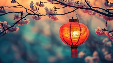 A vibrant red lantern hangs among delicate cherry blossoms, illuminated against a soft, dreamy background at dusk.