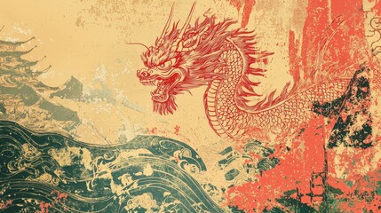 A vibrant illustration of a mythical dragon amidst turbulent waves and ancient structures, showcasing rich colors and intricate details.