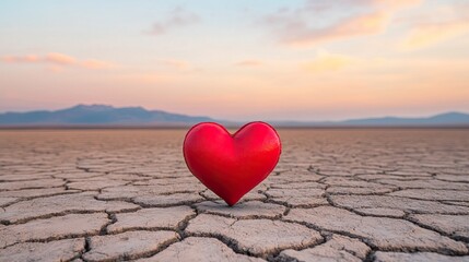 Fototapeta premium A vivid red heart sits on a cracked, dry landscape under a colorful sky, symbolizing love amidst desolation and environmental challenges.