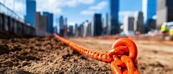 Naklejka premium A close-up of an orange construction rope lying on a dirt surface, with a city skyline in the background under a bright blue sky.