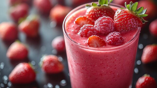 Close-up of a delicious strawberry raspberry smoothie in a glass, garnished with fresh berries.