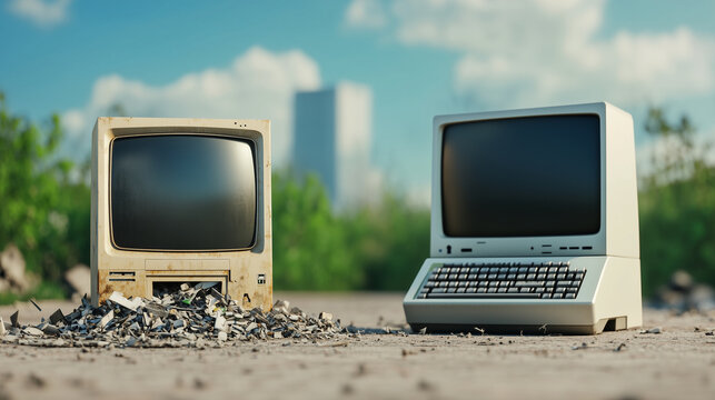 Side-by-side comparison of old, broken, and useless computers, highlighting outdated technology and e-waste issues. Ideal for technology, repair, recycling, and obsolescence concepts.
