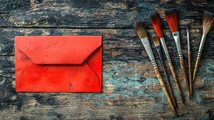 A vibrant red envelope rests on a weathered wooden surface next to several paintbrushes, creating an artistic and inviting scene.
