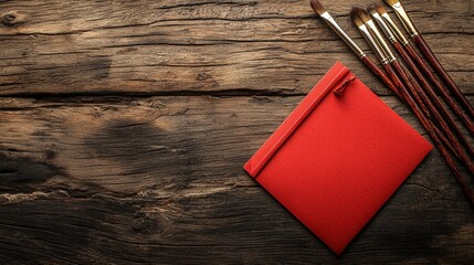 A vibrant red notebook lies on a rustic wooden surface, accompanied by a set of paintbrushes, creating an artistic atmosphere.