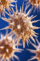 A close-up view of spiky microorganisms against a blue background, illustrating intricate details of their structure.