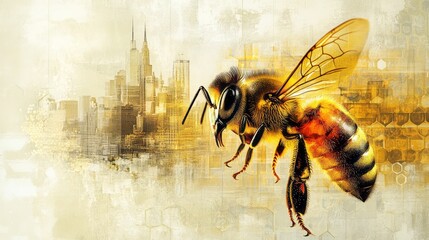 Close up of a bee flying over a golden cityscape