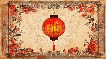 A vibrant red lantern surrounded by floral patterns on a textured background, evoking traditional Asian art and festive celebrations.