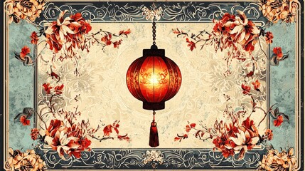 A beautifully designed lantern hangs in the center, surrounded by floral patterns and ornate borders, creating a vintage and artistic ambiance.