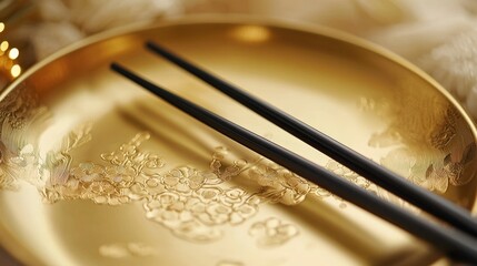 A golden plate with intricate designs, accompanied by black chopsticks, set against a softly blurred background.