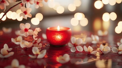 A serene candle surrounded by delicate flowers and soft bokeh lights, creating a tranquil and romantic atmosphere.