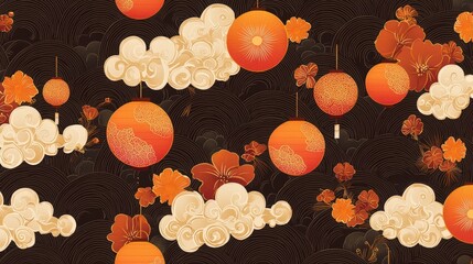 A vibrant pattern featuring orange lanterns and clouds against a dark background, evoking a festive and cheerful atmosphere.