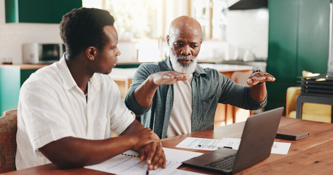 Father, son and help with finance on laptop for advice or mortgage application in senior home. Budget, men and discussion for bank loan, savings and teaching investment planning with African family