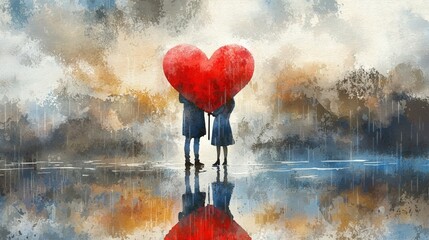 A couple stands together under a large red heart, reflecting in a serene, colorful landscape, evoking love and connection amidst a rainy backdrop.