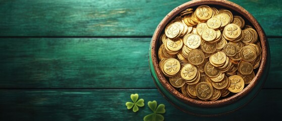 Overflowing Pot of Gold Coins and Two Clovers on Rustic Green Wood Surface for St Patricks Day Celebration