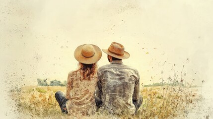 A couple sits together in a field, wearing straw hats, enjoying a peaceful moment in nature, surrounded by tall grass and warm sunlight.