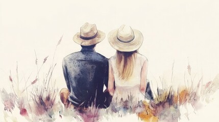 A romantic couple sits together in nature, wearing straw hats, surrounded by soft colors and a serene atmosphere.