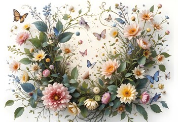 Fototapeta premium Flowers and Butterflies Collage with Botanical Elements: