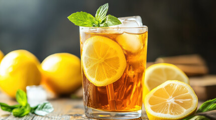 Refreshing iced tea with lemon slices and mint leaves, perfect for summer