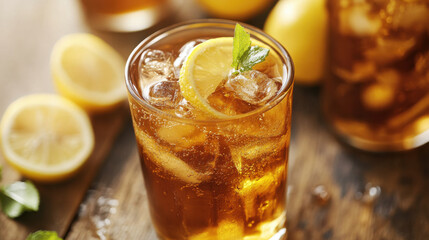 Refreshing iced tea with lemon slices and mint leaves in glass