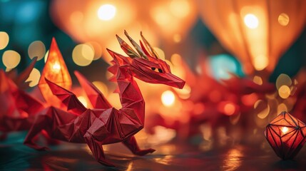 A vibrant, illuminated origami dragon with intricate details, surrounded by glowing lanterns and soft bokeh, creating a magical atmosphere.