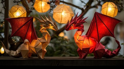 Two colorful, illuminated paper dragons face each other, surrounded by glowing lanterns, creating a magical and enchanting atmosphere.