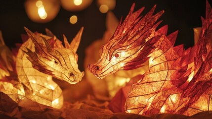 Two intricately designed illuminated dragon figures face each other, surrounded by a warm, glowing ambiance, creating a magical atmosphere.