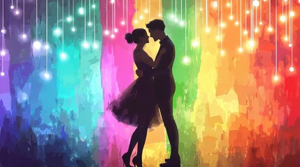 A romantic silhouette of a couple embraces under colorful lights, creating a vibrant and dreamy atmosphere filled with love and joy.