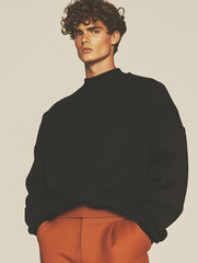 Male fashion concept. Portrait of a handsome american young male model wearing designer clothes and posing on beige background. Catalogue, campaign style. Studio shot