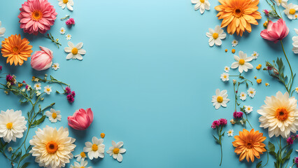 A blue background with a large flower arrangement in the center